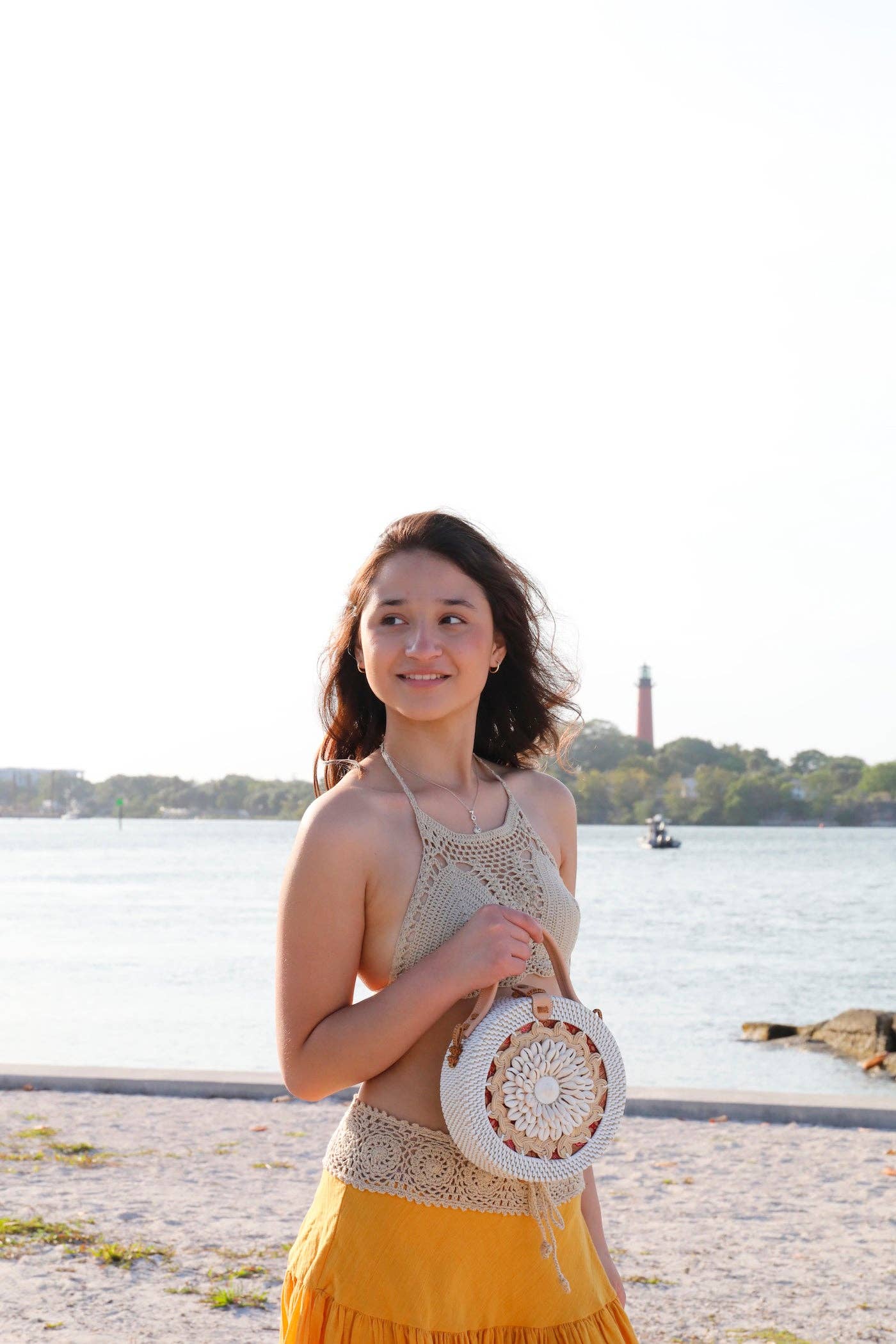 Ganapati Bali Seashell Round Rattan Crossbody Bag - Camilla