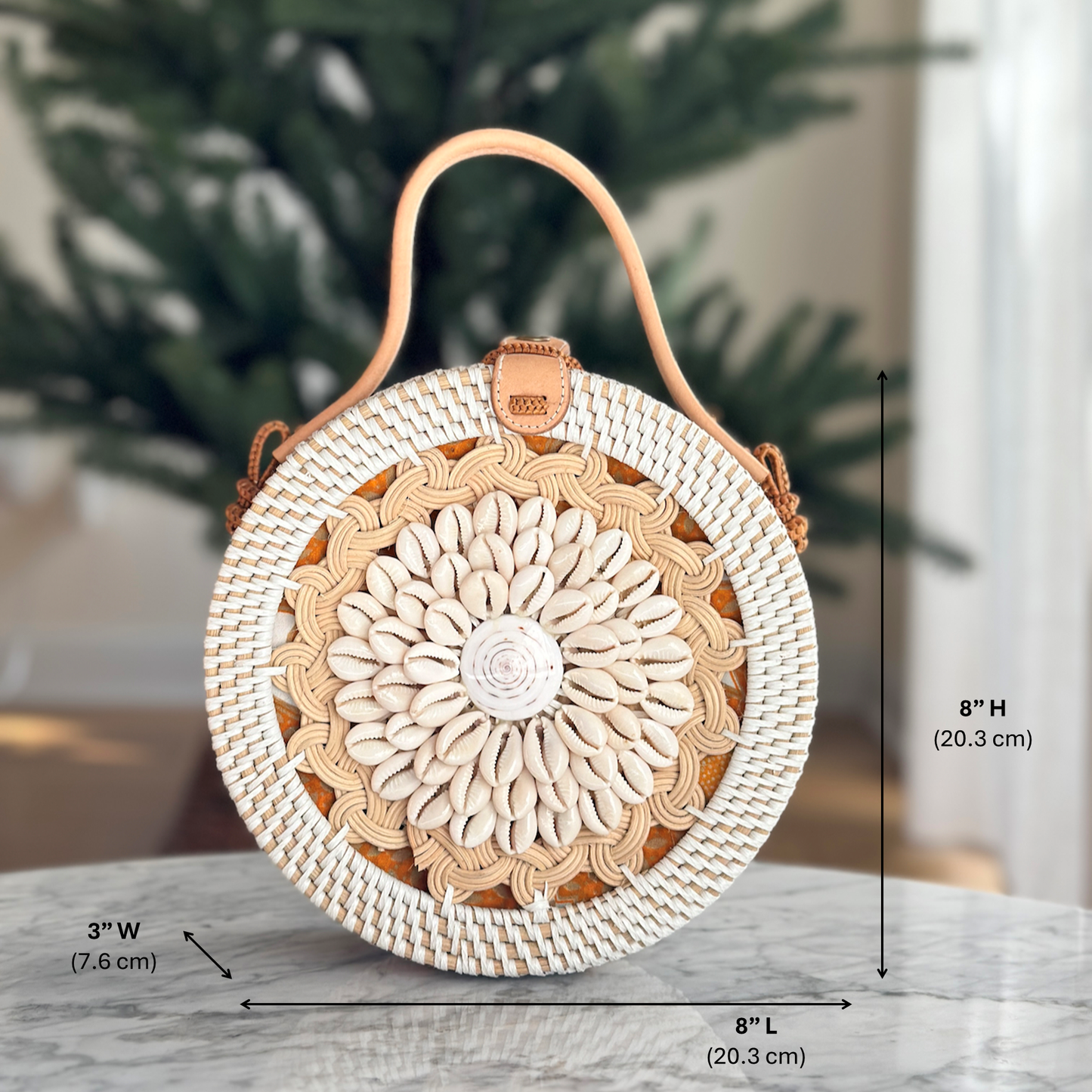 Ganapati Bali Seashell Round Rattan Crossbody Bag - Camilla