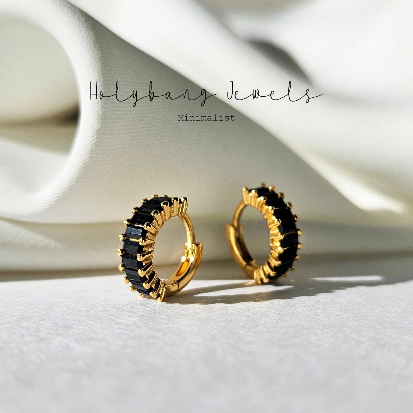 HolyBang Jewels Black Baguette Huggie Earrings  - Silver