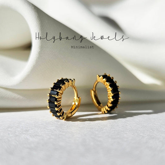 HolyBang Jewels Black Baguette Huggie Earrings  - Gold