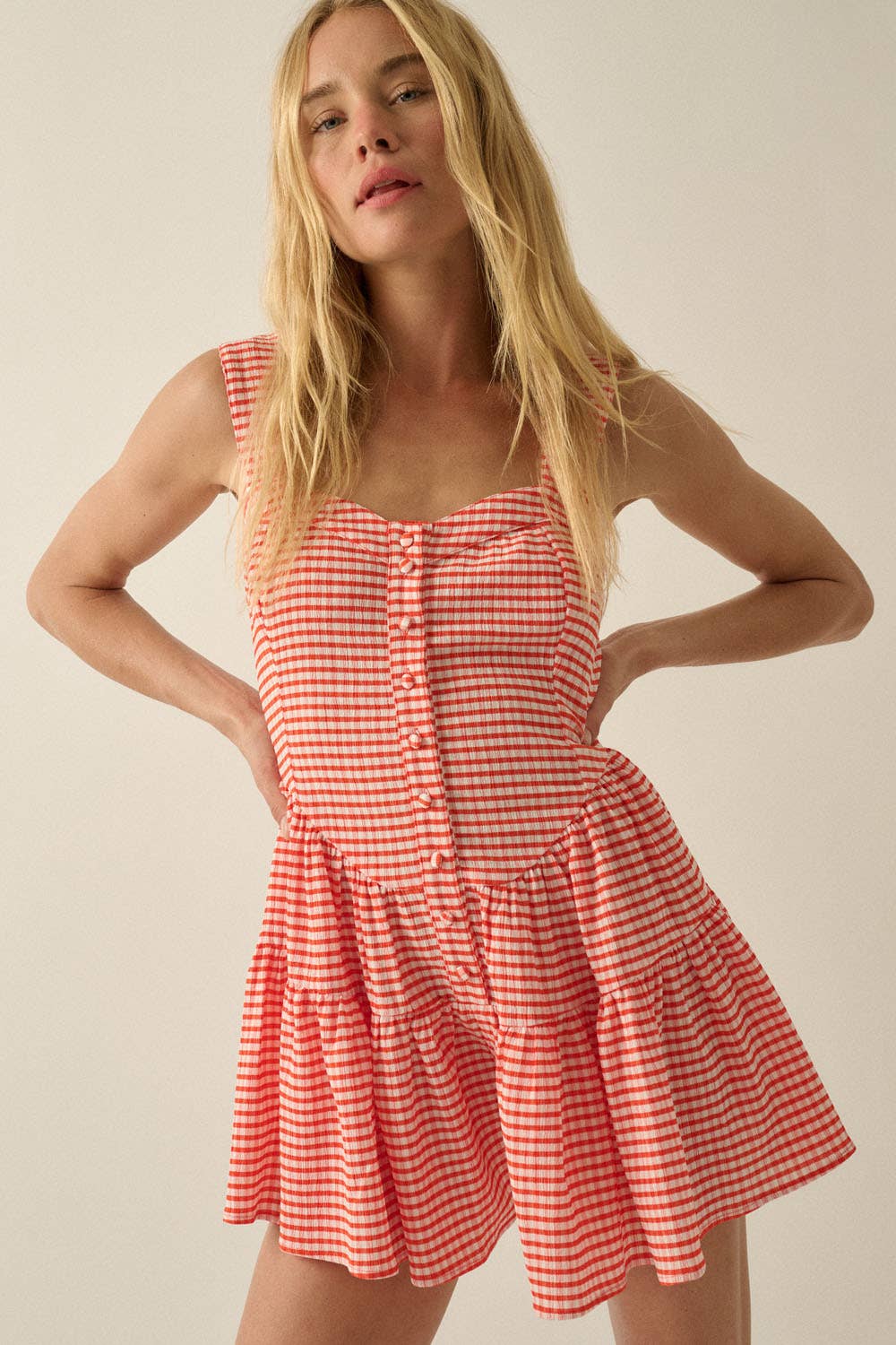 Promesa Gingham Sleeveless Fit-and-Flare Tiered Ruffle Romper