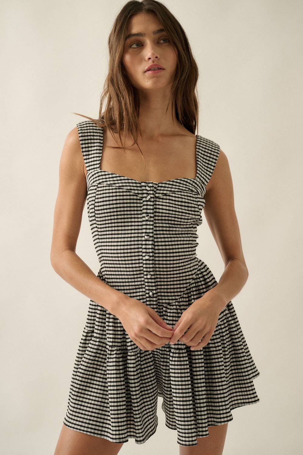 Promesa Gingham Sleeveless Fit-and-Flare Tiered Ruffle Romper