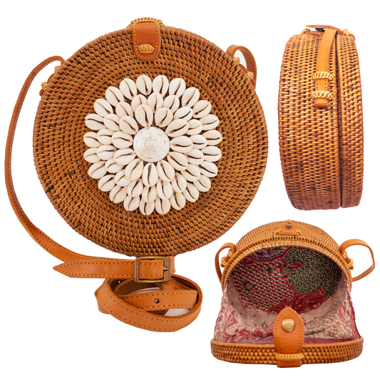 Ganapati Bali Rattan Crossbody Bag with Seashell Embellishment