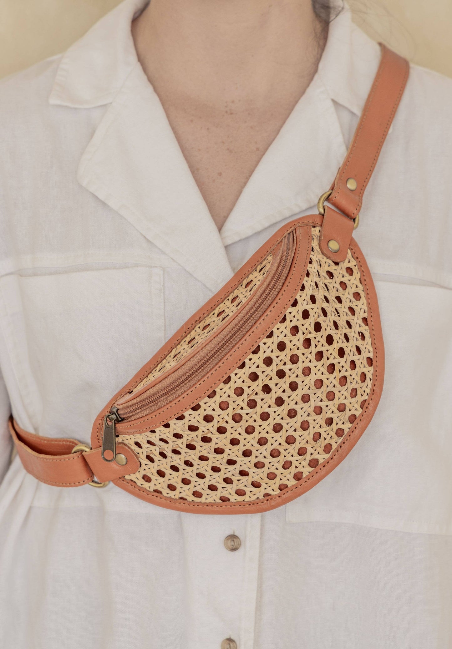 Village Thrive Raja Leather and Cane Sling Bag - Camel