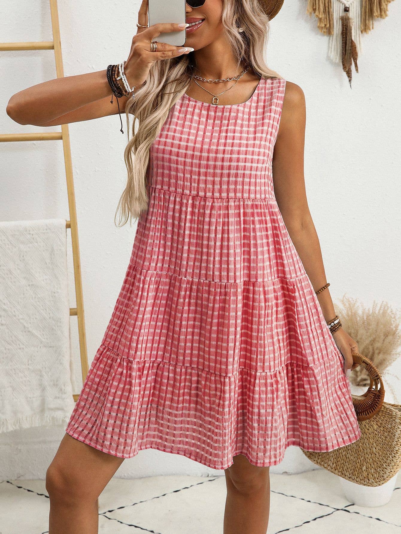 Anna Kaci Checkered Tiered Sleeveless Mini Dress