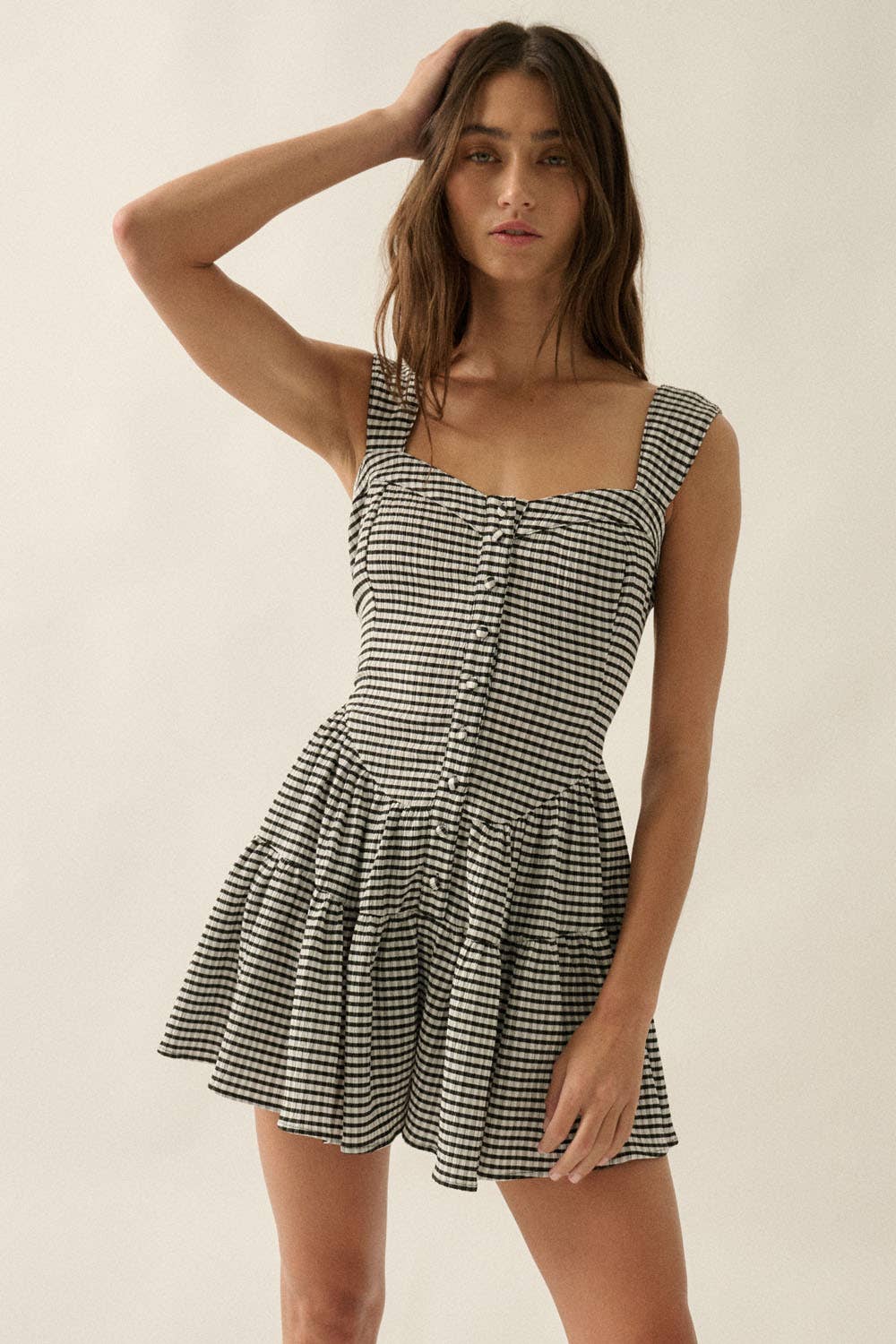 Promesa Gingham Sleeveless Fit-and-Flare Tiered Ruffle Romper