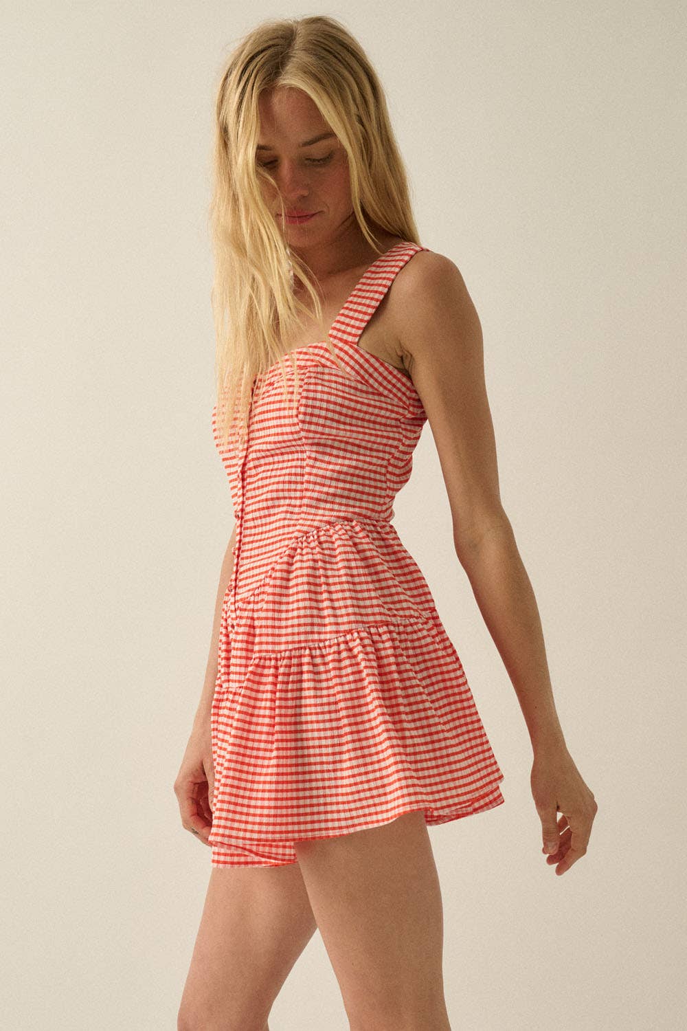 Promesa Gingham Sleeveless Fit-and-Flare Tiered Ruffle Romper