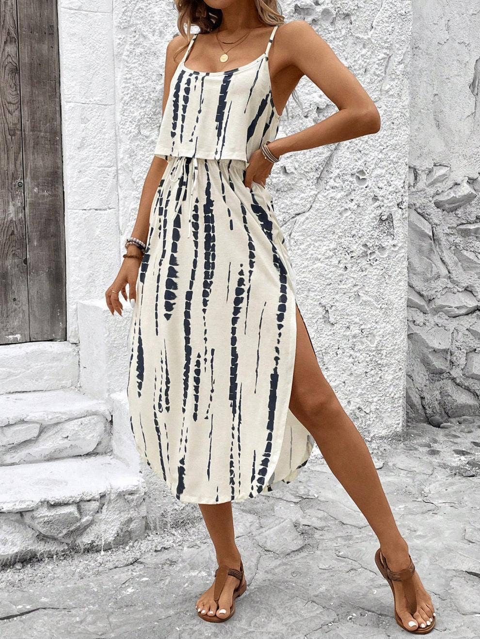 Anna Kaci Printed Spaghetti Strap Layered Bodice Midi Dress