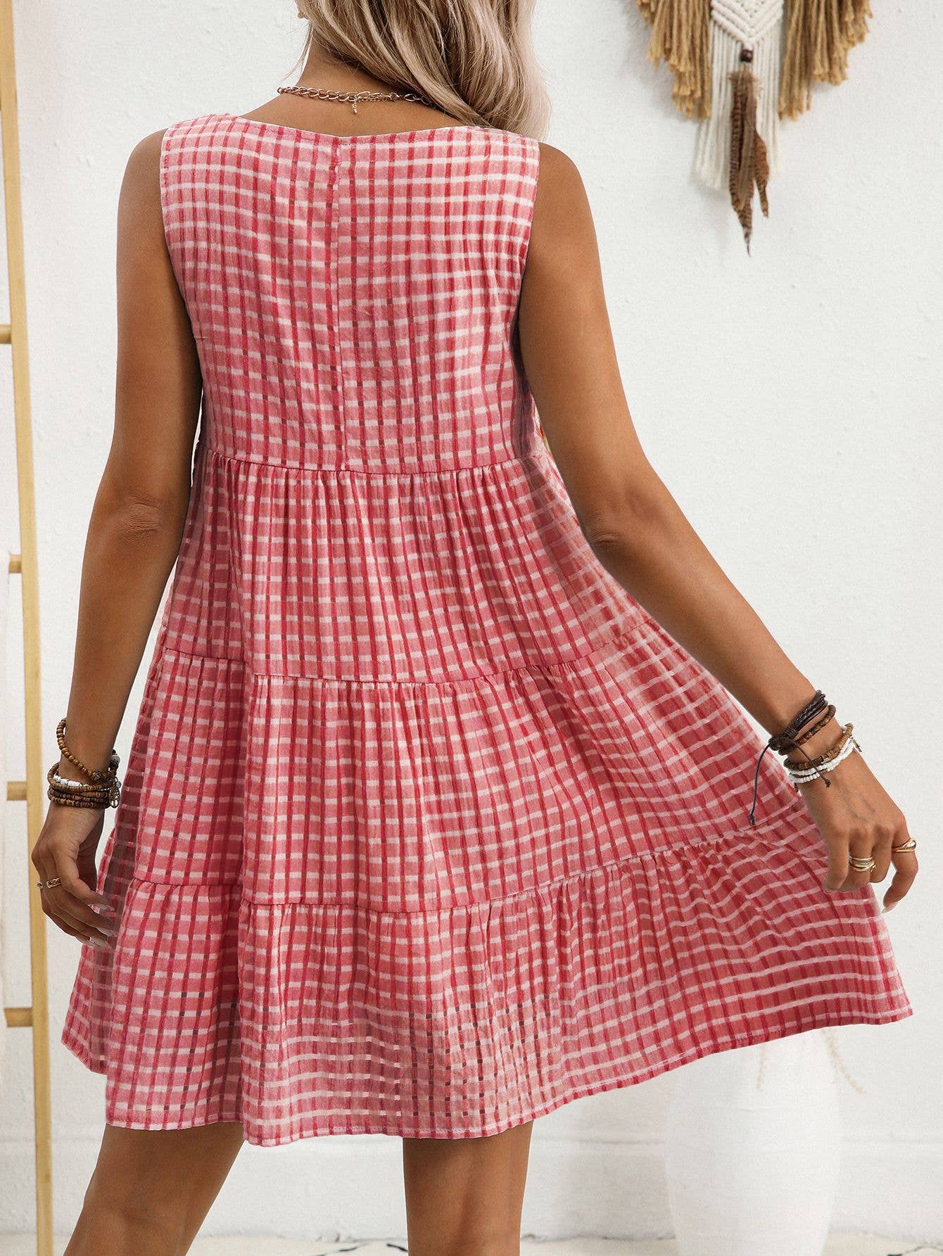 Anna Kaci Checkered Tiered Sleeveless Mini Dress