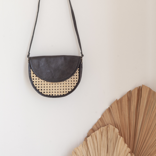 Village Thrive Raja Leather and Cane Crossbody Bag - Black