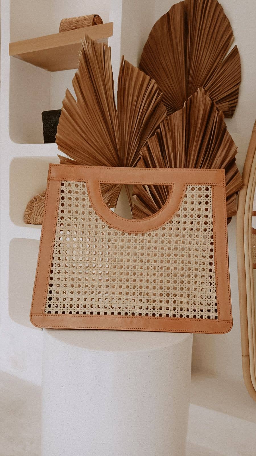 Village Thrive Cora Leather and Rattan Handbag - Camel