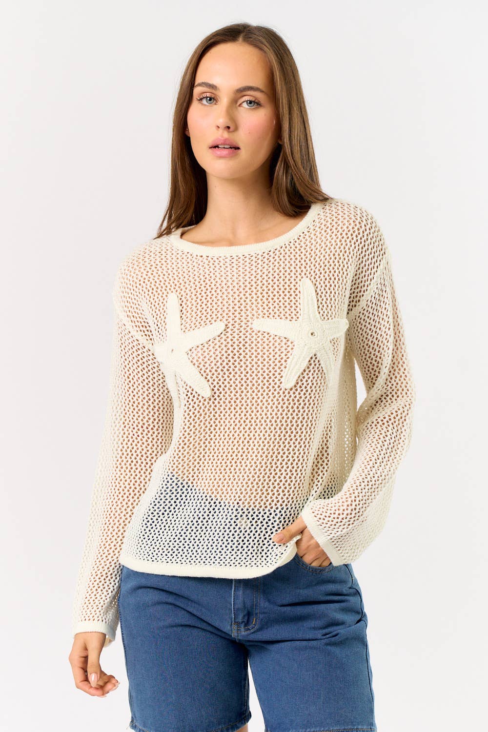 Blue Blush Starfish Crochet Long Sleeve Sheer Top