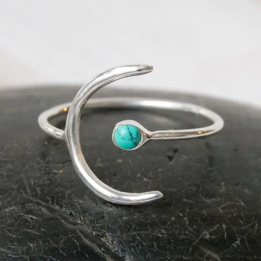 Baizaar Sterling Silver Crescent Ring with Turquoise Stone