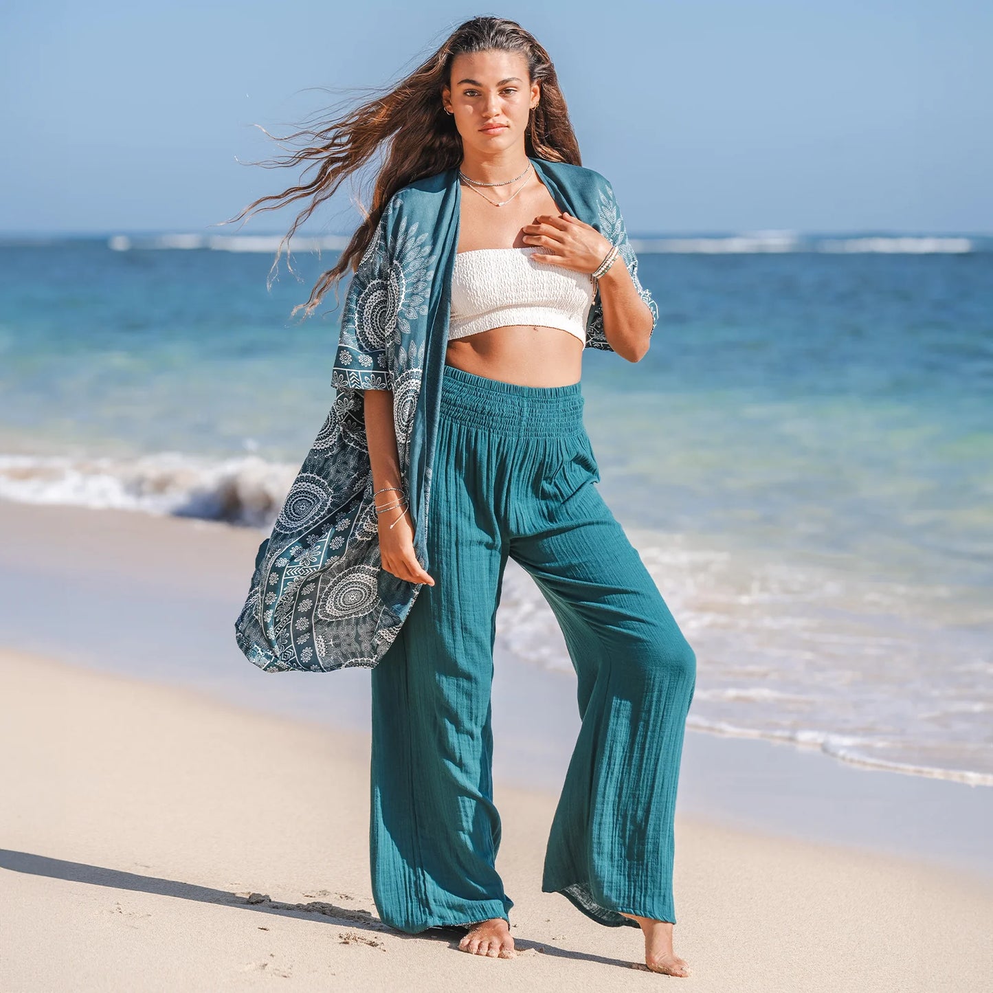 Lotus and Luna Wide Leg Cotton Pants - Verdigris