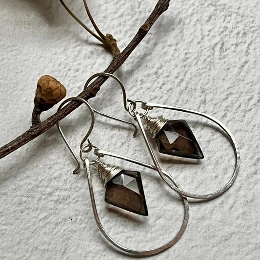 Saressa Designs Silver Arrow Hoops - Smoky Quartz
