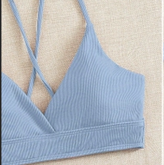 Sweetkama Ribbed Cross Back Halter Bikini Top - Blue