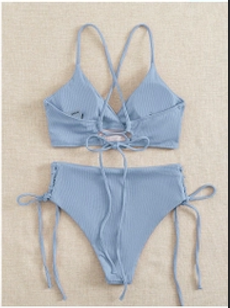 Sweetkama Ribbed Tie Side Bikini Bottom - Blue