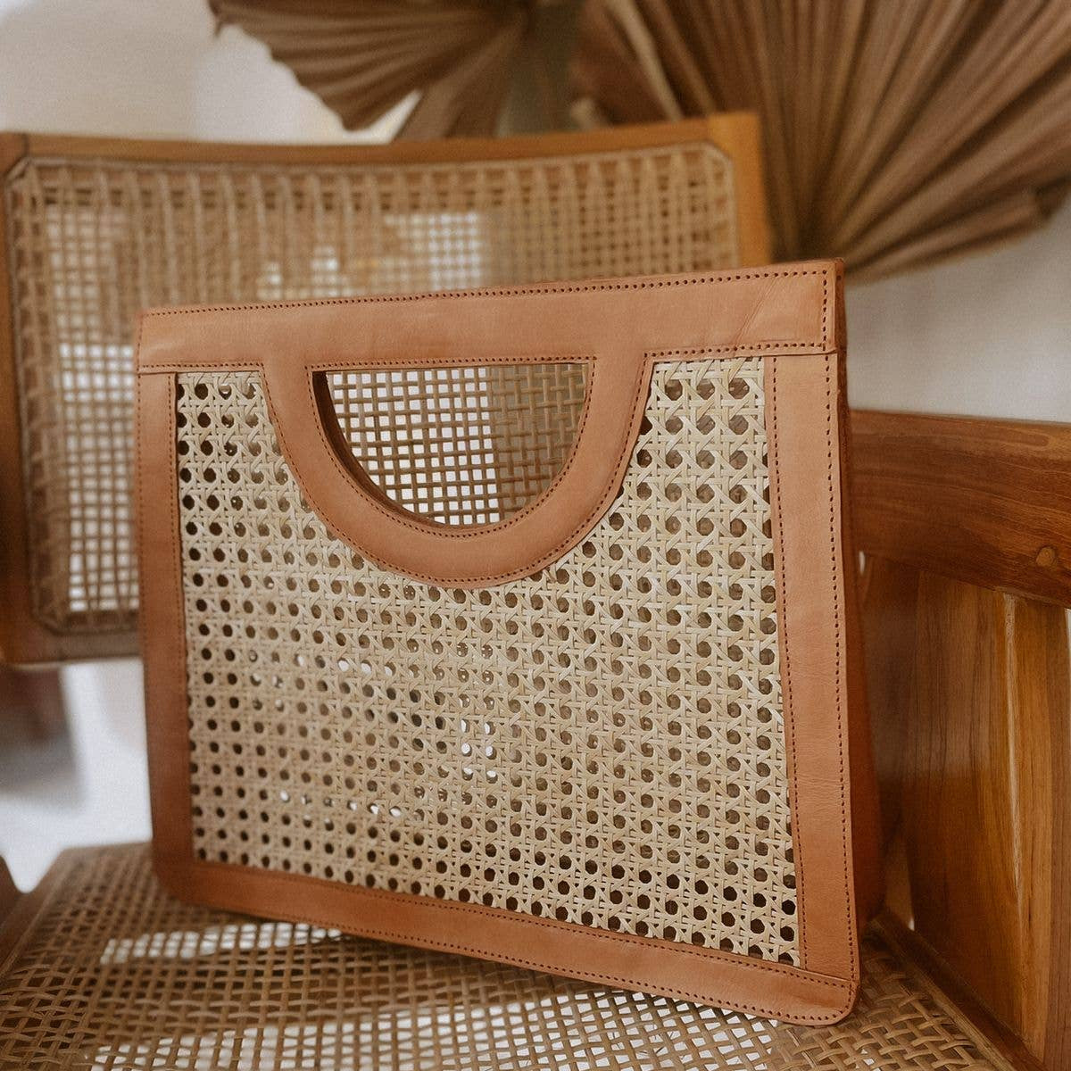 Village Thrive Cora Leather and Rattan Handbag - Camel
