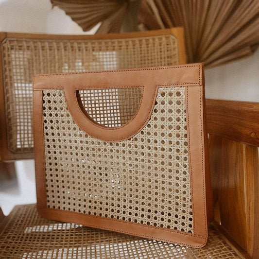 Village Thrive Cora Leather and Rattan Handbag - Camel
