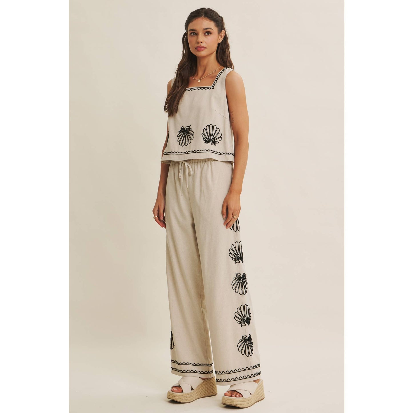 In February Coastal Seashell Embroidered Square Neck Top