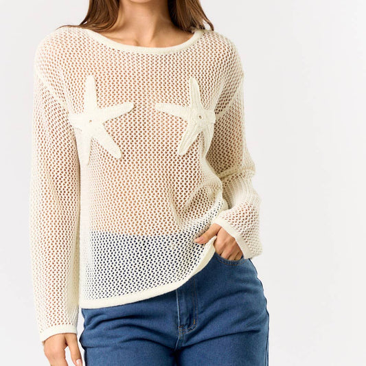 Blue Blush Starfish Crochet Long Sleeve Sheer Top