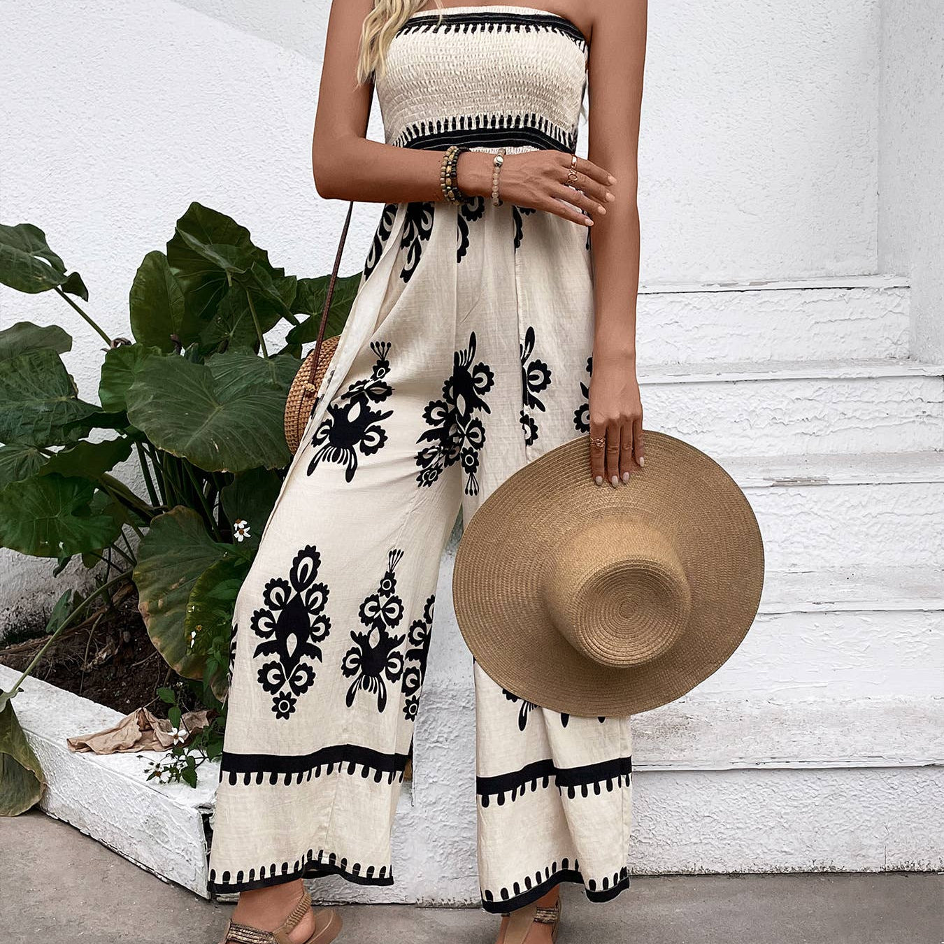 Anna Kaci Smocked Strapless Jumpsuit