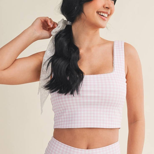 KIMBERLY C Gingham Print Crop Tank with Lace Trim