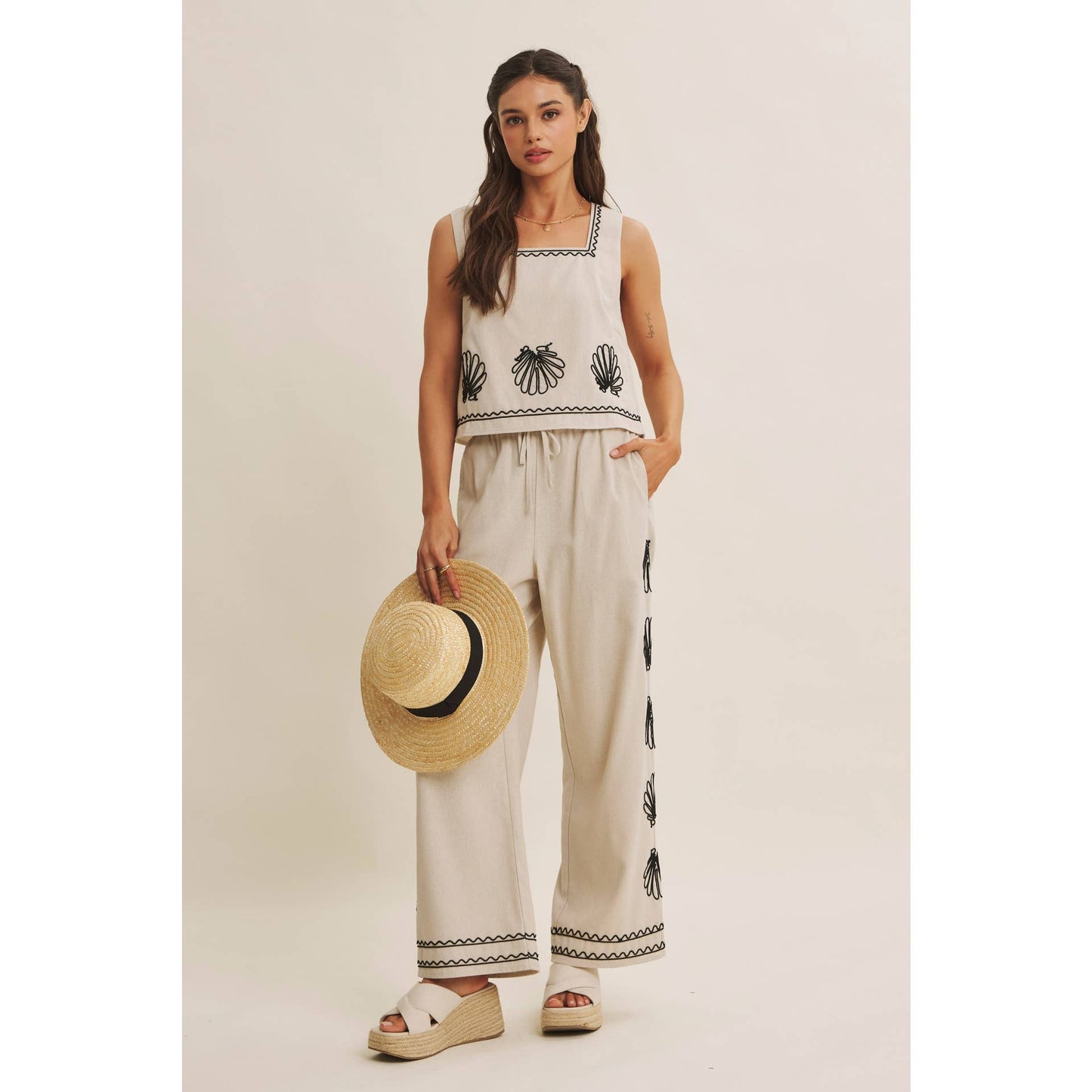 In February Coastal Seashell Embroidered Square Neck Top
