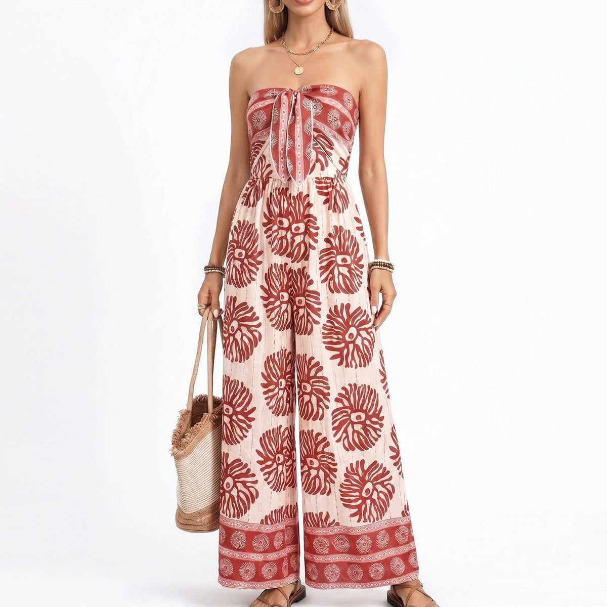Anna Kaci Strapless Wide Leg Jumpsuit with Tie Front Bodice and Print