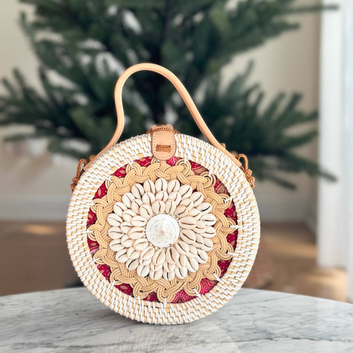 Ganapati Bali Seashell Round Rattan Crossbody Bag - Camilla