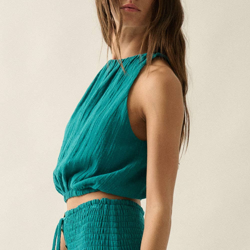 Promesa Cotton Gauze Gathered Sleeveless Cropped Halter Top