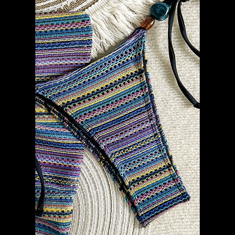 Mccolin Striped Bikini Top with Bead Detail