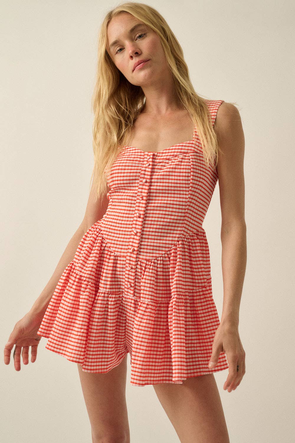 Promesa Gingham Sleeveless Fit-and-Flare Tiered Ruffle Romper