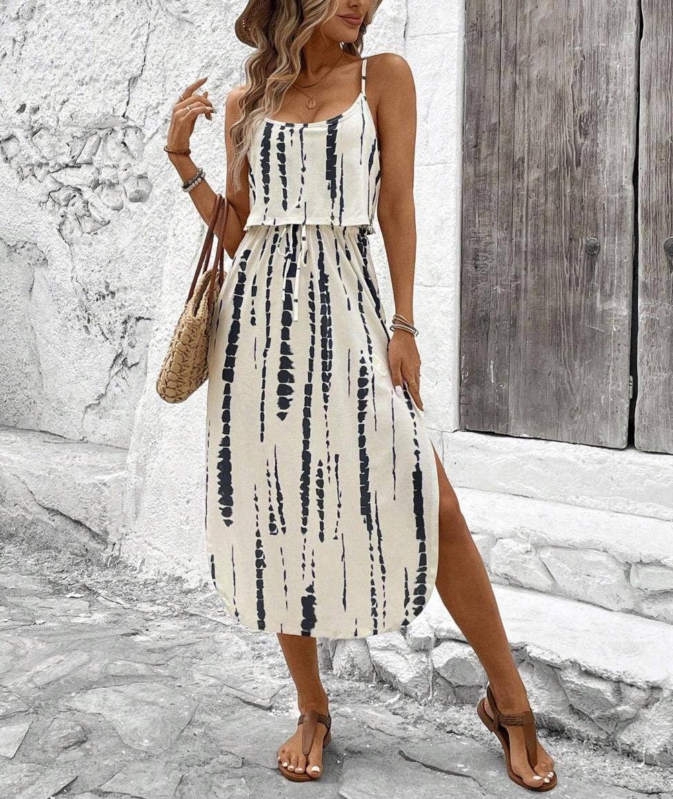 Anna Kaci Printed Spaghetti Strap Layered Bodice Midi Dress