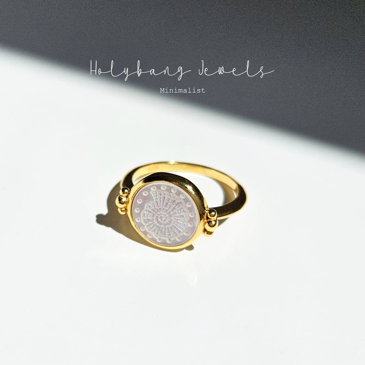 HolyBang Jewels Mother of Pearl Fossil Signet Ring - Gold