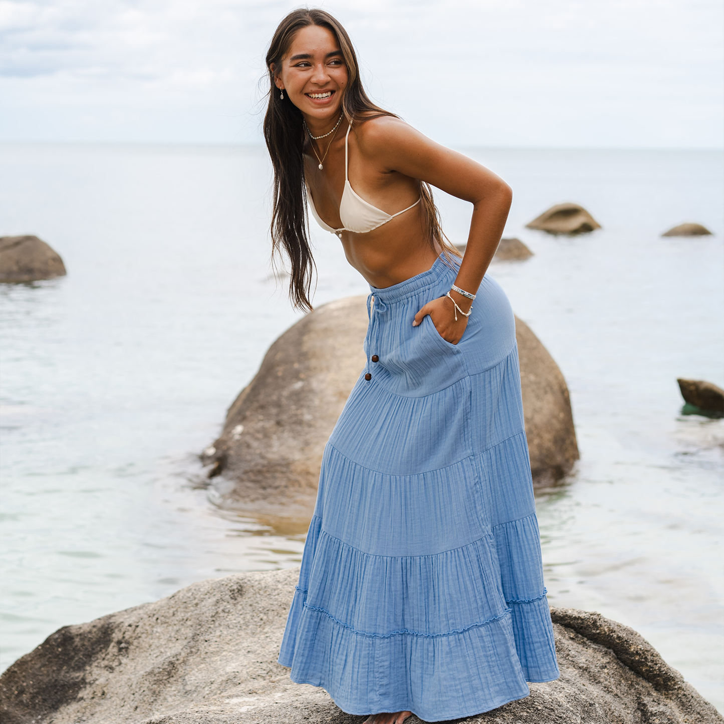 Lotus and Luna Shipwrecked Maxi Skirt with Bead - Denim Blue