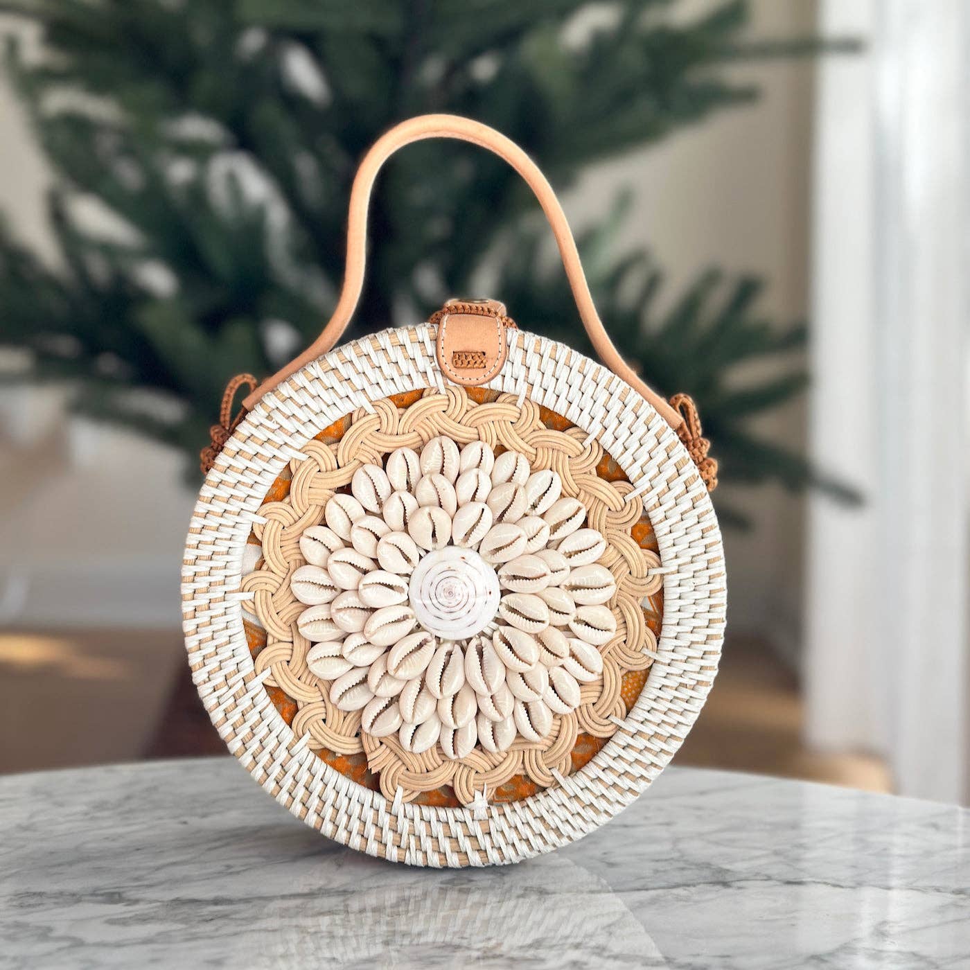 Ganapati Bali Seashell Round Rattan Crossbody Bag - Camilla