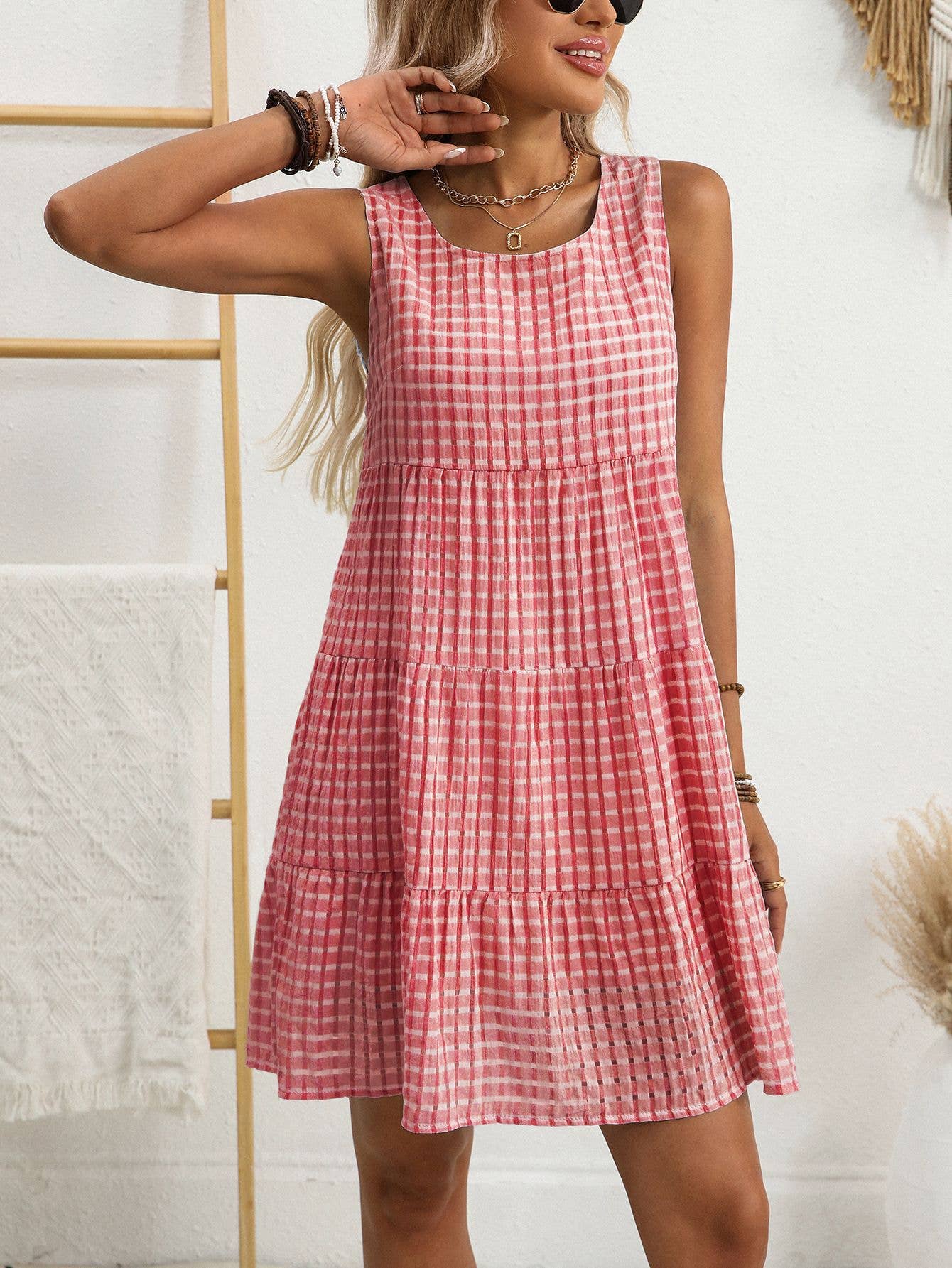 Anna Kaci Checkered Tiered Sleeveless Mini Dress