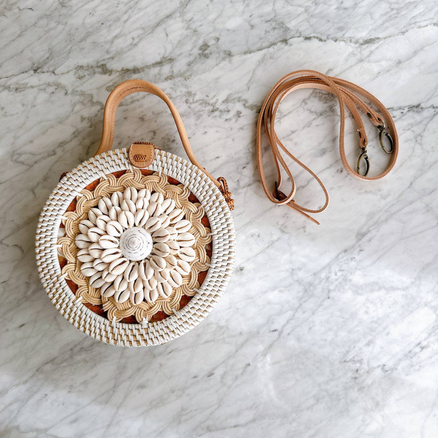 Ganapati Bali Seashell Round Rattan Crossbody Bag - Camilla