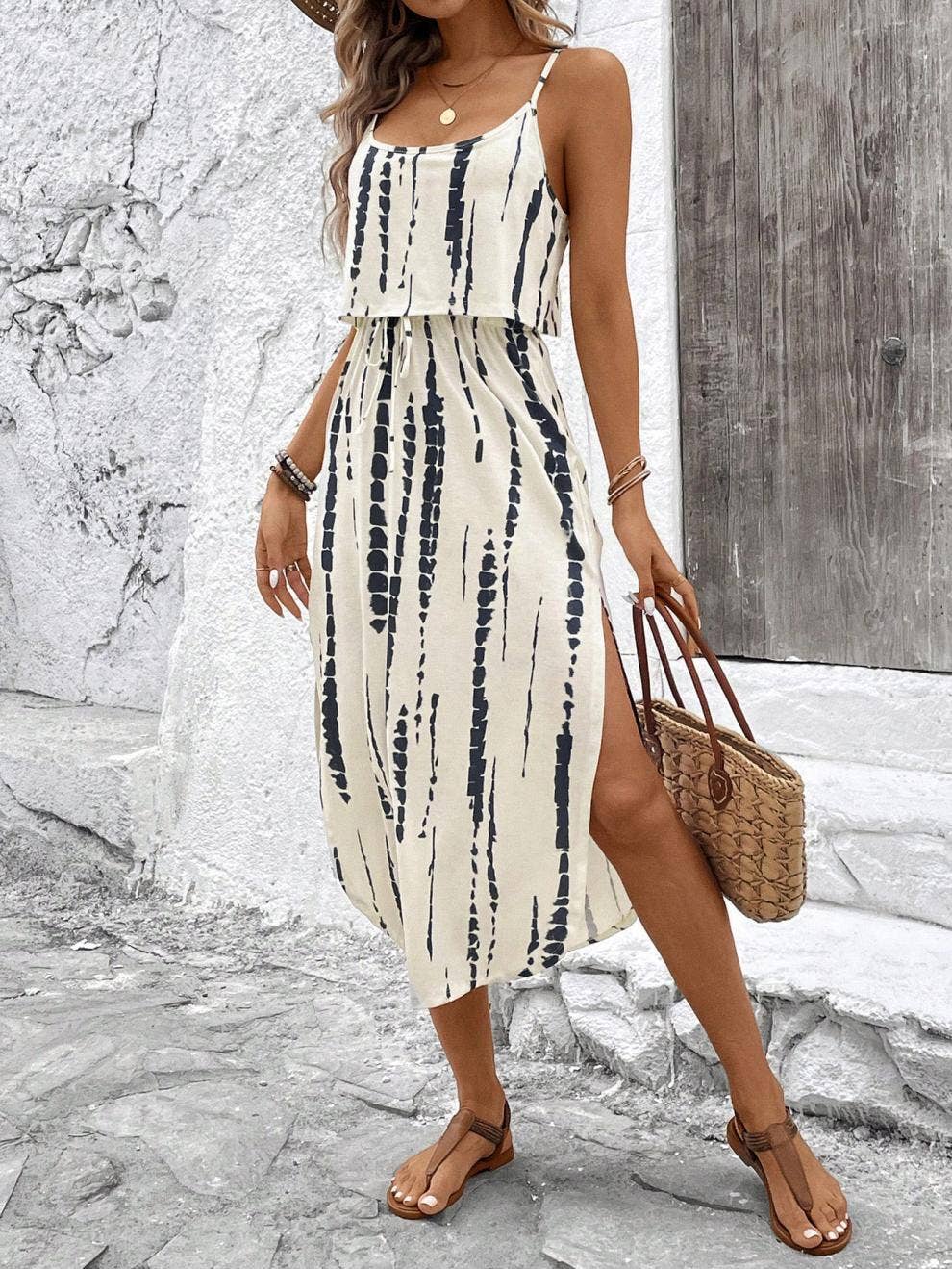 Anna Kaci Printed Spaghetti Strap Layered Bodice Midi Dress