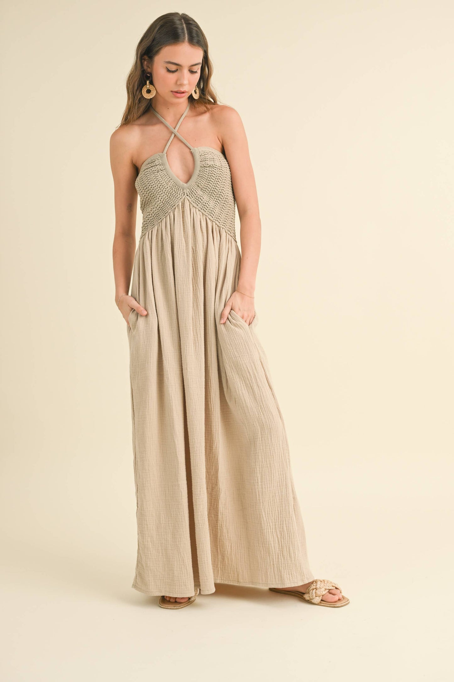 MIOU MUSE WASHED GAUZE WITH CROCHET TOP CONTRAST DRESS