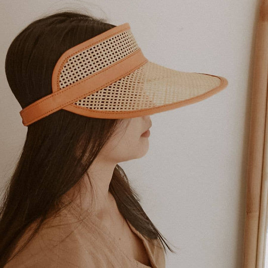 Village Thrive Sumi Leather and Rattan Sun Visor - Camel