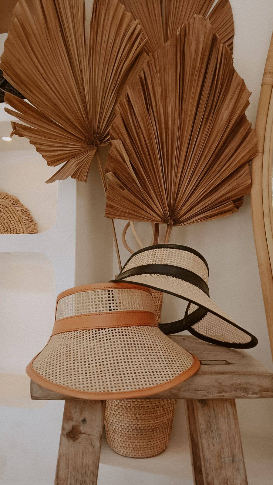 Village Thrive Sumi Leather and Rattan Sun Visor - Camel