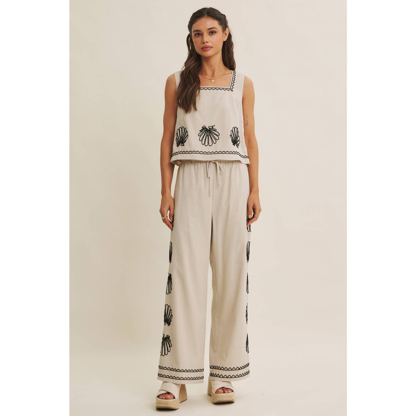 In February Coastal Seashell Embroidered Square Neck Top