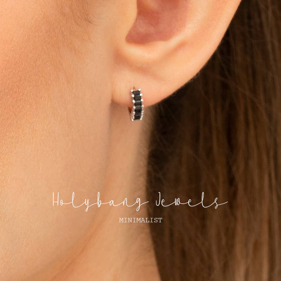 HolyBang Jewels Black Baguette Huggie Earrings  - Silver