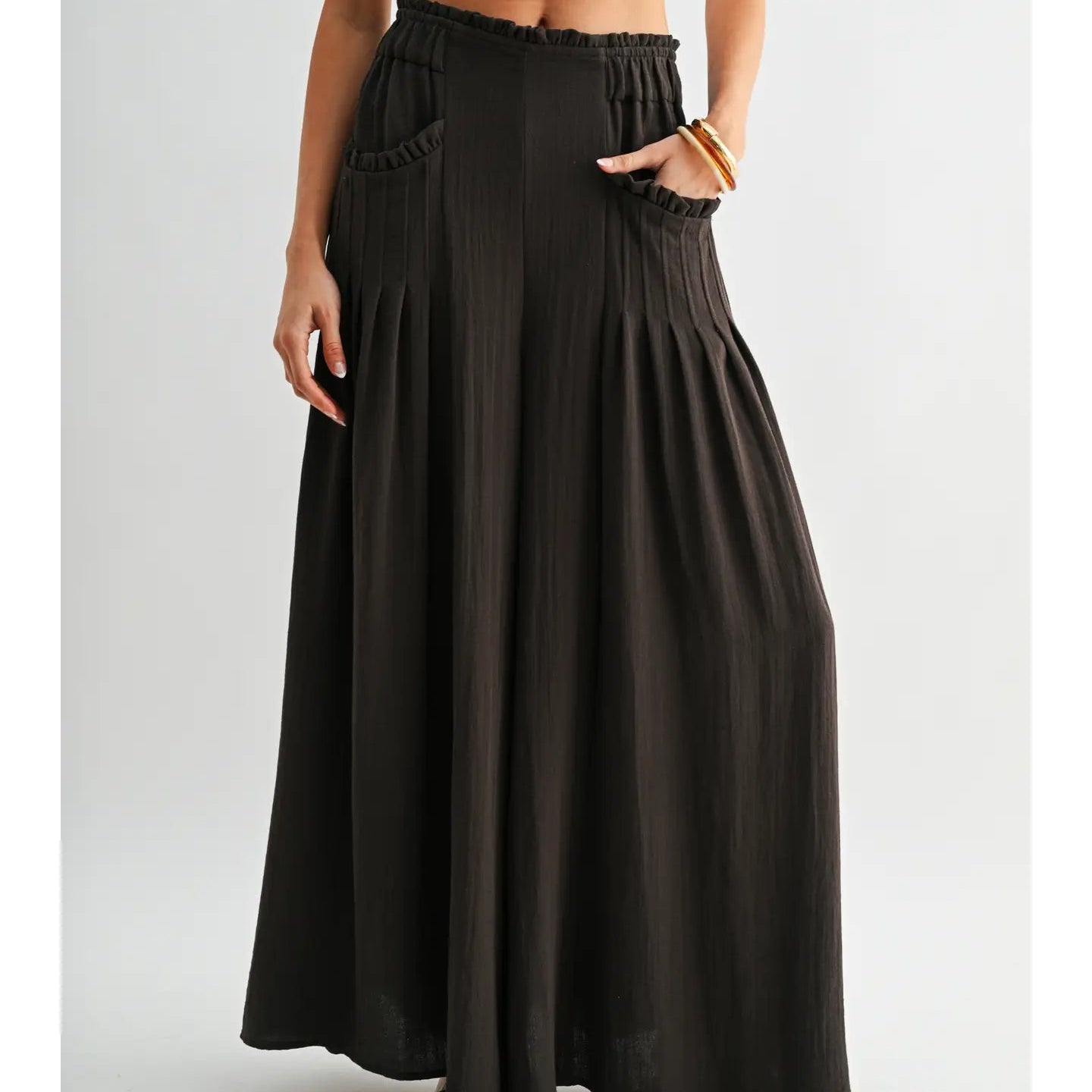 Camellia Wide Leg Palazzo Pant w Ruffles - Brown