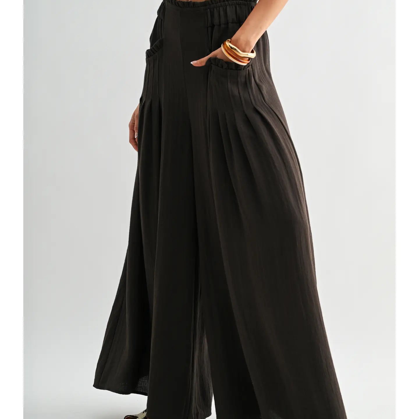Camellia Wide Leg Palazzo Pant w Ruffles - Brown