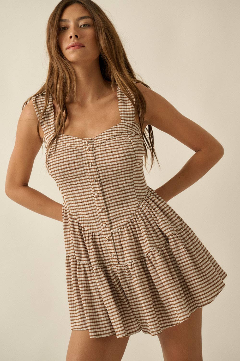 Promesa Gingham Sleeveless Fit-and-Flare Tiered Ruffle Romper
