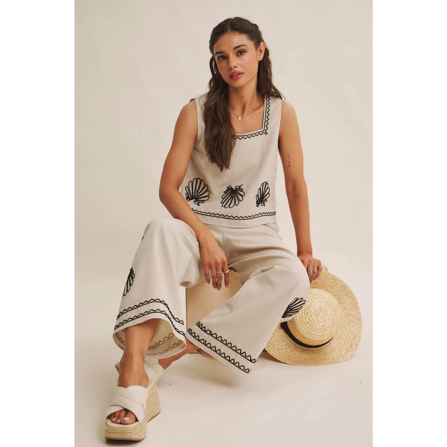 In February Coastal Seashell Embroidered Square Neck Top
