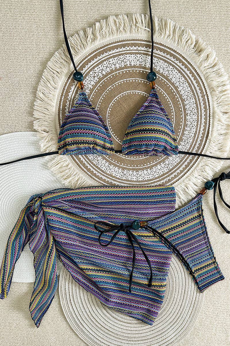 Mccolin Striped Bikini Top with Bead Detail